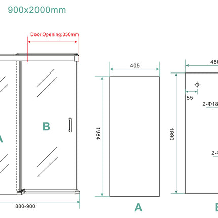 Wiesbaden Puerta nisdeur met schuifdeur 90 x 200 cm helder glas chroom - technische tekening | Schwertz & Co