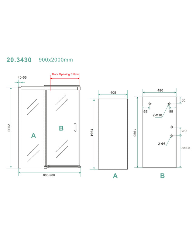 Wiesbaden Puerta nisdeur met schuifdeur 90 x 200 cm helder glas chroom - technische tekening | Schwertz & Co