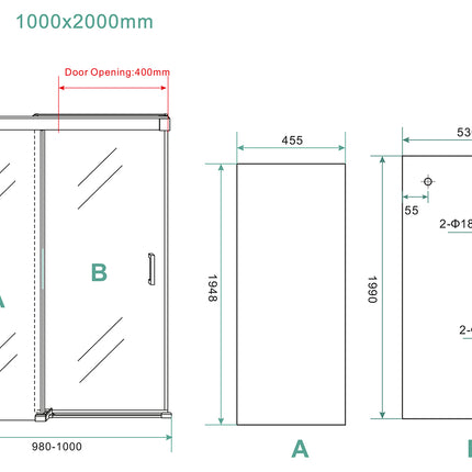 Wiesbaden Puerta nisdeur met schuifdeur 100 x 200 cm chroom - technische tekening | Schwertz & Co