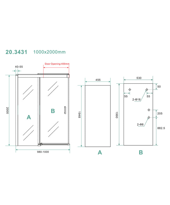 Wiesbaden Puerta nisdeur met schuifdeur 100 x 200 cm chroom - technische tekening | Schwertz & Co