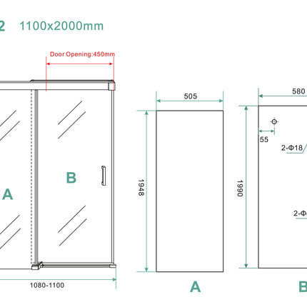 Wiesbaden Puerta nisdeur met schuifdeur 110 x 200 cm helder glas chroom - technische tekening | Schwertz & Co