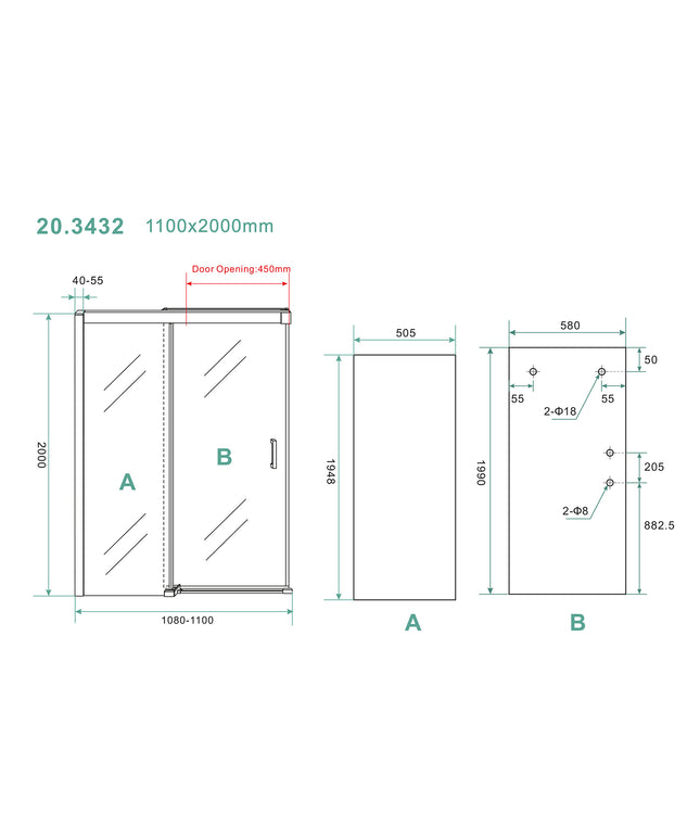 Wiesbaden Puerta nisdeur met schuifdeur 110 x 200 cm helder glas chroom - technische tekening | Schwertz & Co