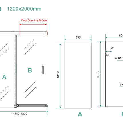 Wiesbaden Puerta nisdeur met schuifdeur 120 x 200 cm helder glas chroom - technische tekening | Schwertz & Co