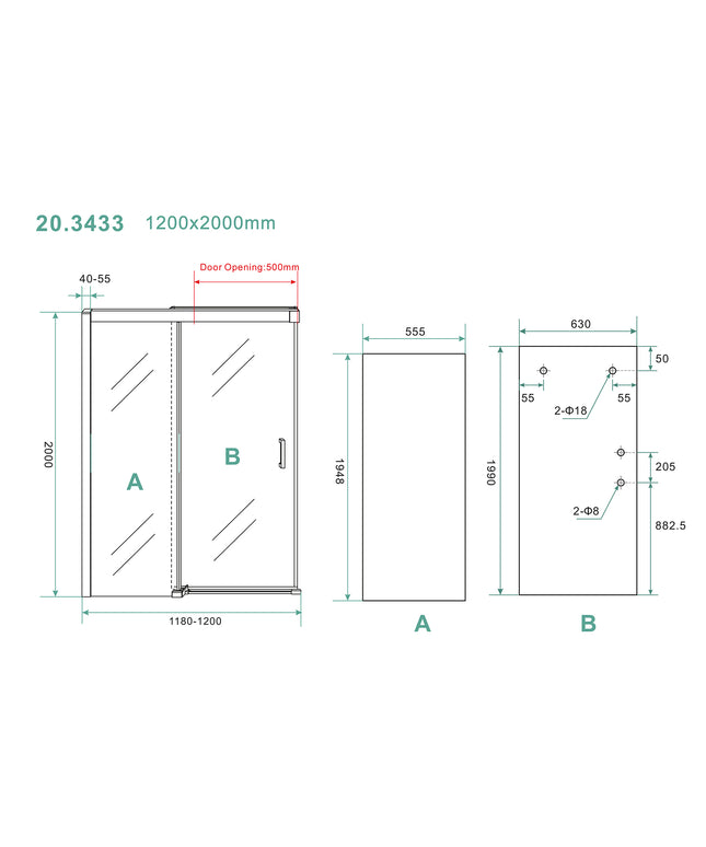 Wiesbaden Puerta nisdeur met schuifdeur 120 x 200 cm helder glas chroom - technische tekening | Schwertz & Co
