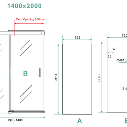 Wiesbaden Puerta nisdeur met schuifdeur 140 x 200 cm chroom - technische tekening | Schwertz & Co