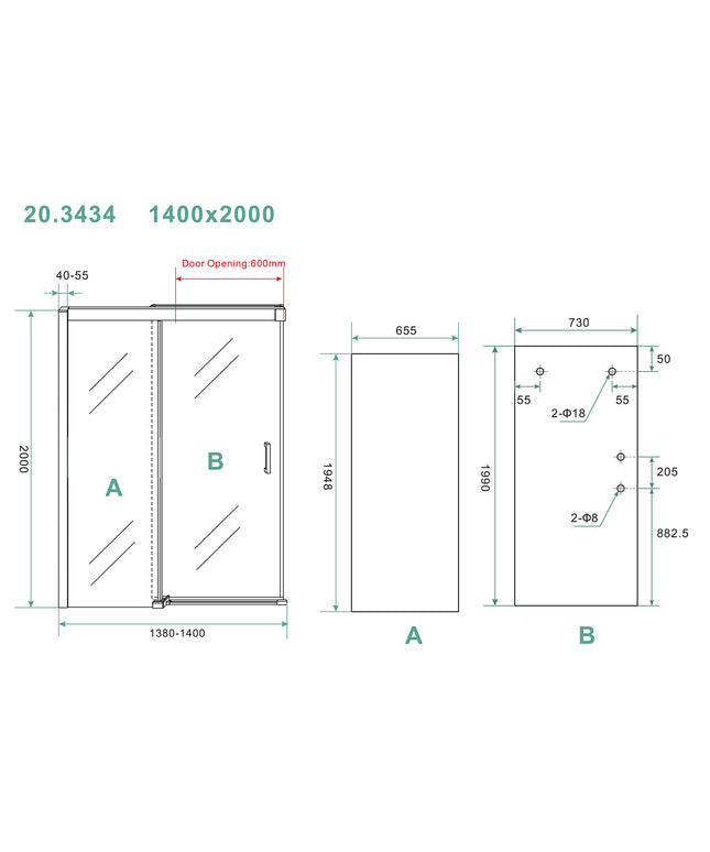 Wiesbaden Puerta nisdeur met schuifdeur 140 x 200 cm chroom - technische tekening | Schwertz & Co