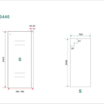 Wiesbaden Side zijwand Puerta en Slide nisdeur 80 x 200 cm chroom - technische tekening | Schwertz & Co