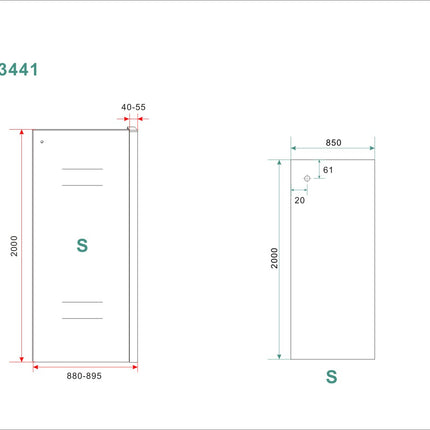 Wiesbaden Side zijwand voor nisdeur 90 x 200 cm helder glas chroom - technische tekening | Schwertz & Co