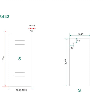 Wiesbaden Side zijwand helder glas chroom - technische tekening | Schwertz & Co