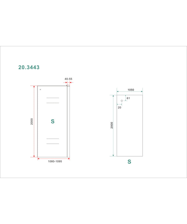 Wiesbaden Side zijwand helder glas chroom - technische tekening | Schwertz & Co