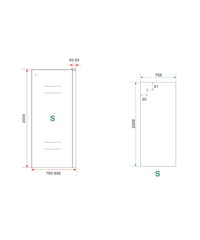 Wiesbaden Sita inloopdouche met handdoekhouder 80 x 200 cm chroom - technische tekening | Schwertz & Co