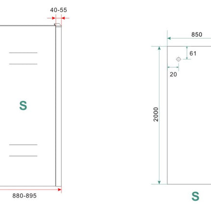 Wiesbaden Sita inloopdouche met handdoekhouder 90 x 200 cm chroom - technische tekening | Schwertz & Co