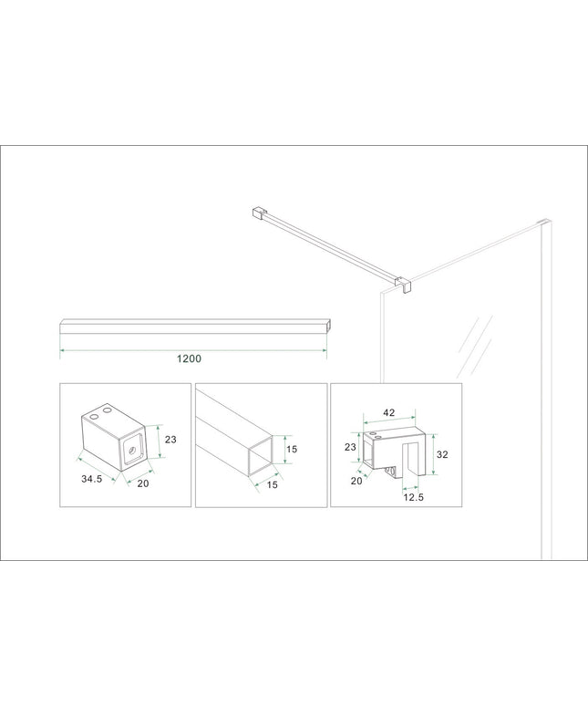 Wiesbaden Slim set stabilisatiestangen 120 cm geborsteld brons koper - technische tekening | Schwertz & Co