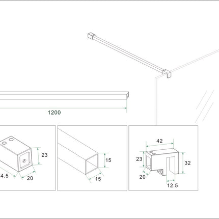 Wiesbaden Slim set stabilisatiestangen 120 cm geborsteld staal - technische tekening | Schwertz & Co