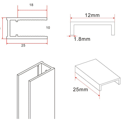 Wiesbaden Slim profielset met stabilisatiestang 120 cm mat wit - technische tekening | Schwertz & Co