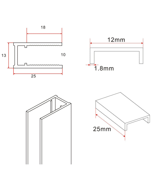 Wiesbaden Slim profielset met stabilisatiestang 120 cm mat wit - technische tekening | Schwertz & Co