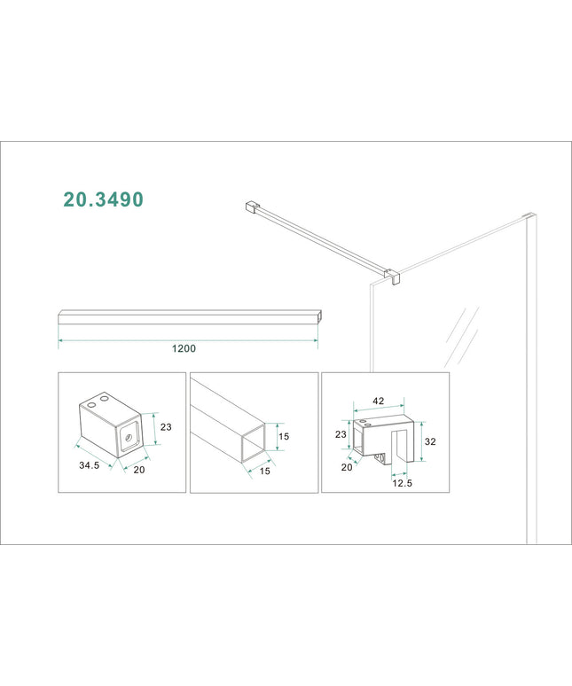 Wiesbaden Slim stabilisatiestang 120 cm chroom - technische tekening | Schwertz & Co