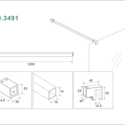 Wiesbaden Slim stabilisatiestang 120 cm mat zwart - technische tekening | Schwertz & Co
