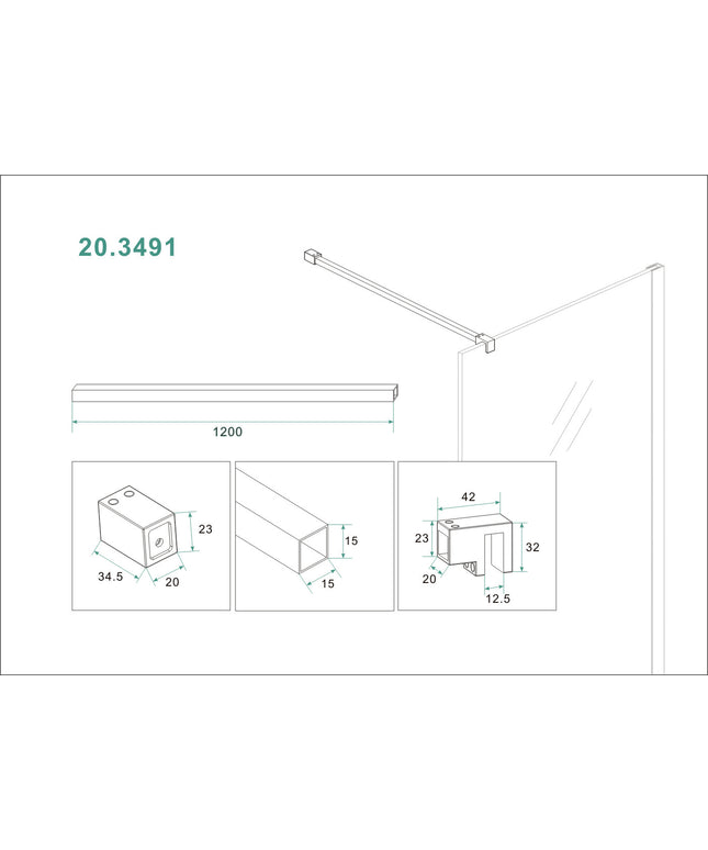 Wiesbaden Slim stabilisatiestang 120 cm mat zwart - technische tekening | Schwertz & Co
