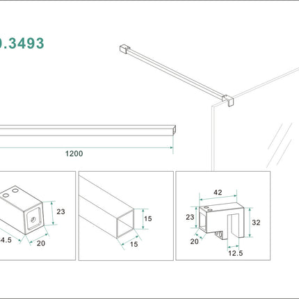 Wiesbaden Slim stabilisatiestang 120 cm mat wit - technische tekening | Schwertz & Co