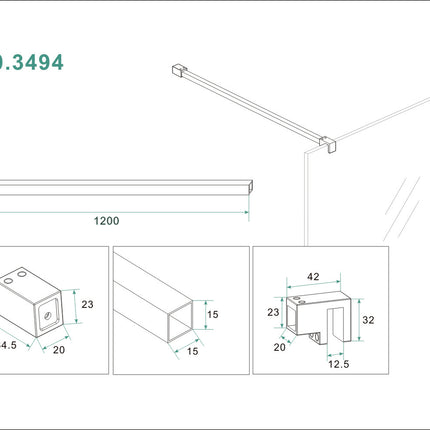 Wiesbaden Slim stabilisatiestang 120 cm geborsteld messing - technische tekening | Schwertz & Co