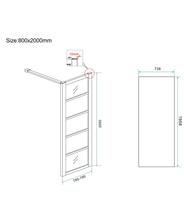 Wiesbaden Horizon inloopdouche met raster 80 x 200 cm mat zwart - technische tekening | Schwertz & Co