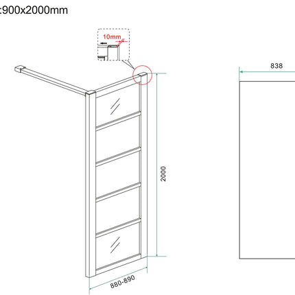 Wiesbaden Horizon inloopdouche met raster 90 x 200 cm helder glas mat zwart - technische tekening | Schwertz & Co
