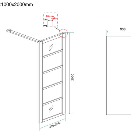 Wiesbaden Horizon inloopdouche met raster 100 x 200 cm mat zwart - technische tekening | Schwertz & Co