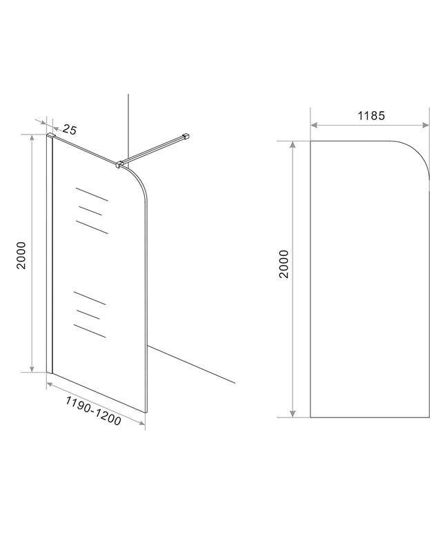 Wiesbaden Curvea inloopdouche 120 x 200 cm helder glas - technische tekening | Schwertz & Co