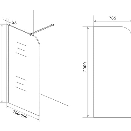 Wiesbaden Curvea inloopdouche 80 cm nano vintage brons glas - technische tekening | Schwertz & Co