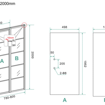 Wiesbaden Horizon nisdeur met vast deel 80 x 200 cm mat zwart - technische tekening | Schwertz & Co