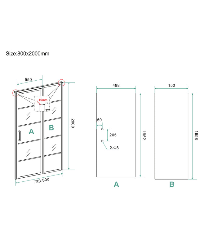 Wiesbaden Horizon nisdeur met vast deel 80 x 200 cm mat zwart - technische tekening | Schwertz & Co