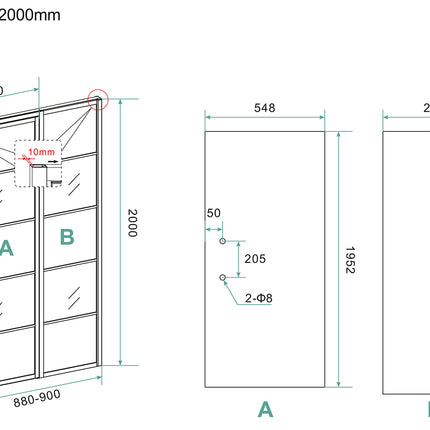 Wiesbaden Horizon nisdeur met raster 90 x 200 cm mat zwart - technische tekening | Schwertz & Co