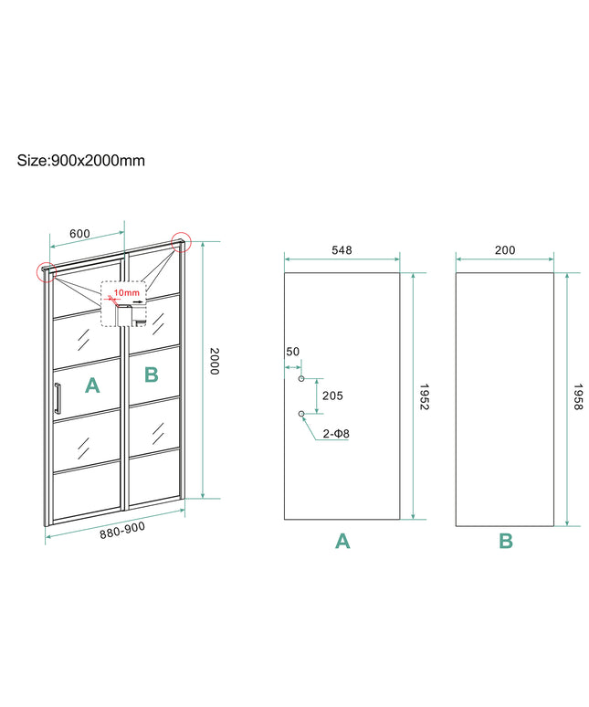 Wiesbaden Horizon nisdeur met raster 90 x 200 cm mat zwart - technische tekening | Schwertz & Co