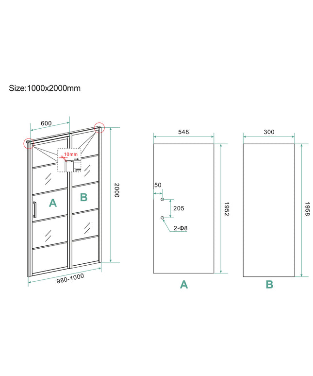 Wiesbaden Horizon nisdeur met vast deel mat zwart - technische tekening | Schwertz & Co