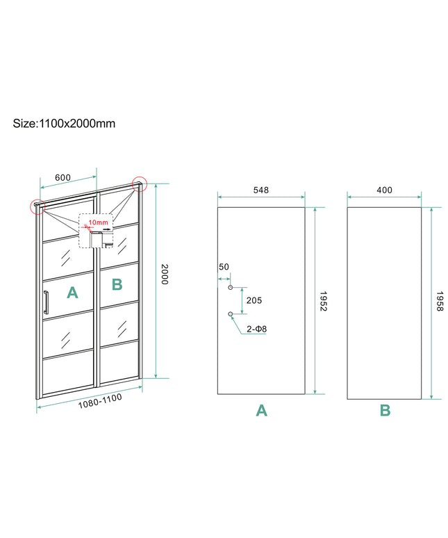 Wiesbaden Horizon nisdeur mat zwart 110 x 200 cm - technische tekening | Schwertz & Co