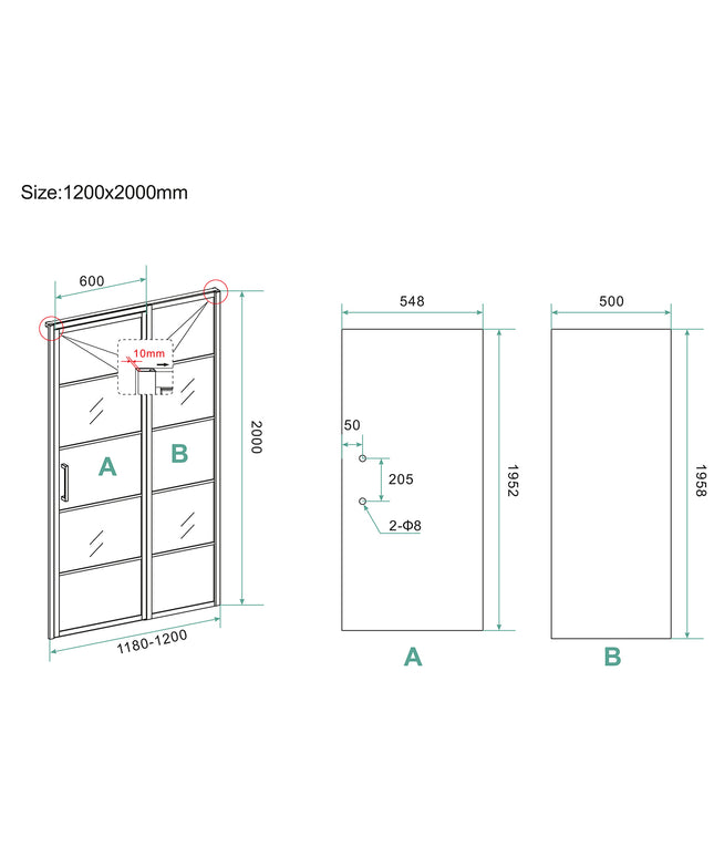 Wiesbaden Horizon nisdeur mat zwart 120 x 200 cm - technische tekening | Schwertz & Co