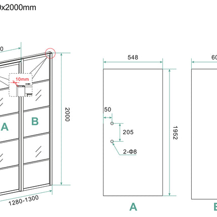 Wiesbaden Horizon nisdeur met vast deel 130 x 200 cm mat zwart - technische tekening | Schwertz & Co