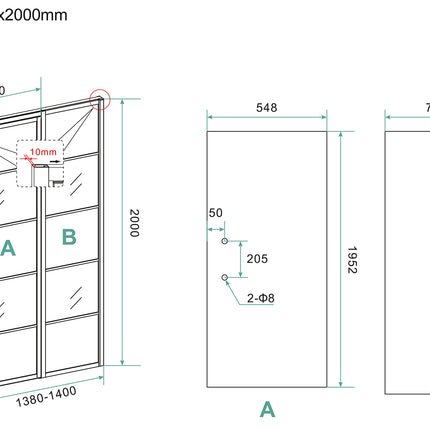 Wiesbaden Horizon nisdeur met vast deel 140 x 200 cm mat zwart - technische tekening | Schwertz & Co