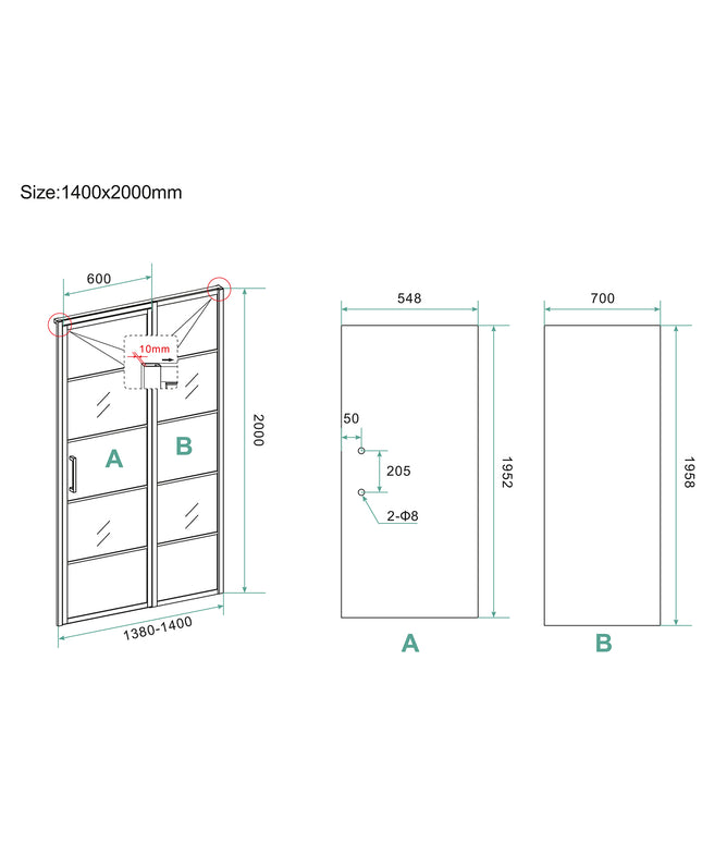 Wiesbaden Horizon nisdeur met vast deel 140 x 200 cm mat zwart - technische tekening | Schwertz & Co