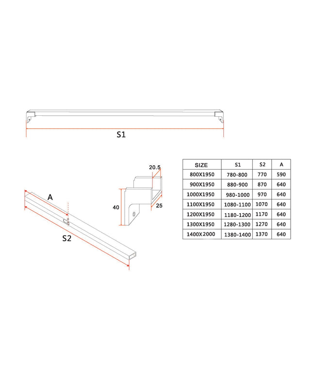 Wiesbaden Horizon barre de stabilisation porte de niche noir mat - dessin technique | Schwertz & Co