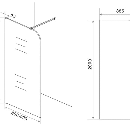 Wiesbaden Curvea inloopdouche 90 x 200 cm vintage brons glas - technische tekening | Schwertz & Co