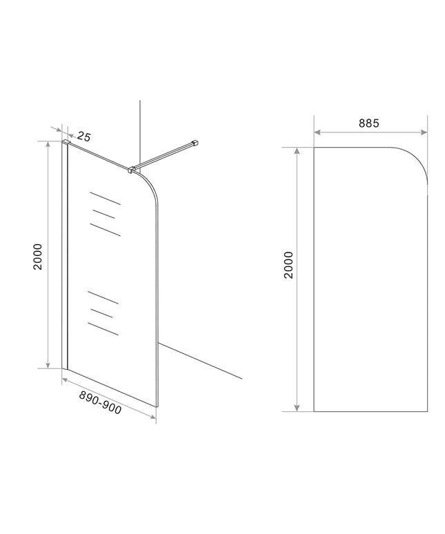 Wiesbaden Curvea inloopdouche 90 x 200 cm vintage brons glas - technische tekening | Schwertz & Co