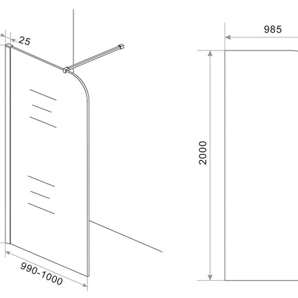 Wiesbaden Curvea inloopdouche 100 x 200 cm vintage brons glas - technische tekening | Schwertz & Co