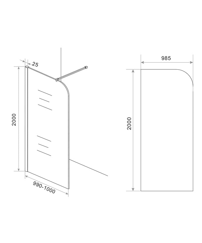 Wiesbaden Curvea inloopdouche 100 x 200 cm vintage brons glas - technische tekening | Schwertz & Co
