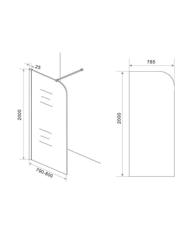 Wiesbaden Curvea inloopdouche 80 cm nano rookglas - technische tekening | Schwertz & Co