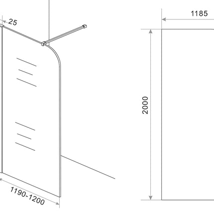 Wiesbaden Curvea inloopdouche 120 x 200 cm nano rookglas - technische tekening | Schwertz & Co
