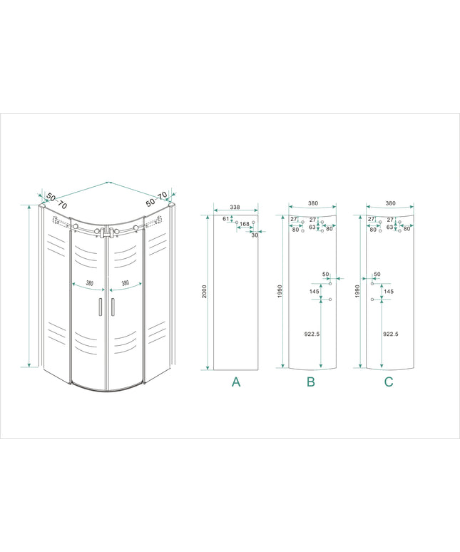 Wiesbaden Entra kwartronde douchecabine 90 x 90 cm chroom - technische tekening | Schwertz & Co