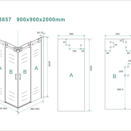Wiesbaden Entra hoekinstapcabine chroom 90 x 90 x 200 cm - technische tekening | Schwertz & Co