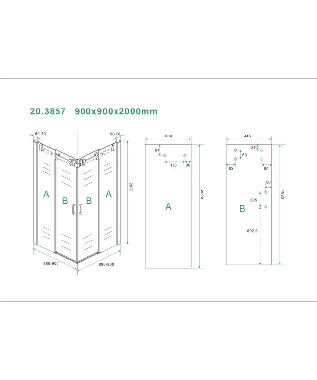 Wiesbaden Entra hoekinstapcabine chroom 90 x 90 x 200 cm - technische tekening | Schwertz & Co